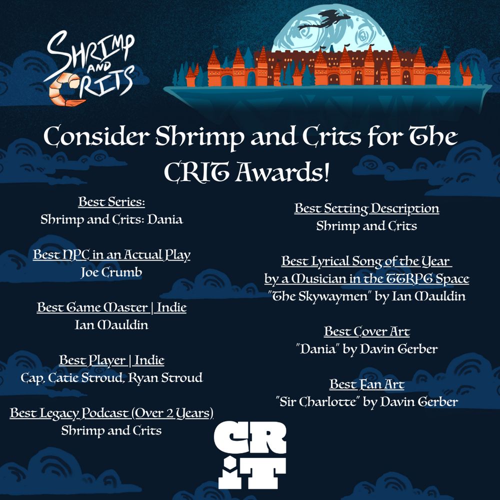 A deep blue background with lighter blue drawn clouds. On the top right there is a fantasy city atop a floating island. Behind it is a large white/grey moon and the silhouette of a dragon flying in front of it. The shrimp and crits logo is in the top left and the CRIT award logo is in the bottom center. The text in the middle details the nominations we're looking to receive. 
