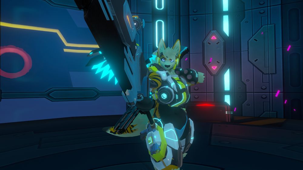 Mamagen warrior from Vrchat welding a large greatsword at the viewer and looking serious