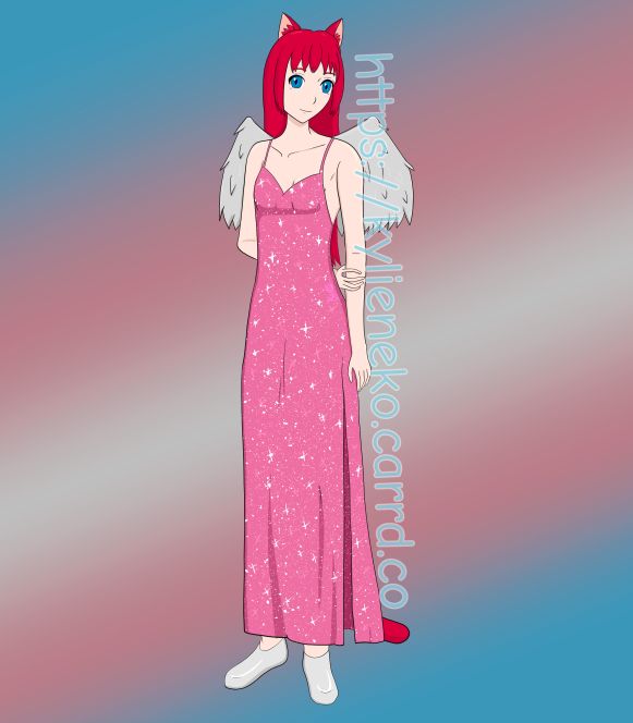 Kylie, a red-haired catgirl with small grey wings, in a sparkly pink dress, posing shyly for trans prom 2025.
