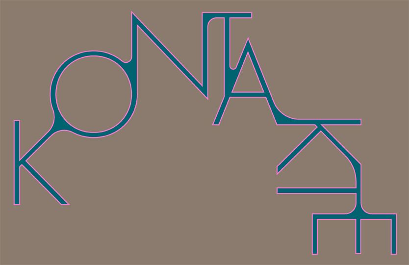 Kontakte-Schriftzug in blau mit rosa Umradung auf grauem Grund.