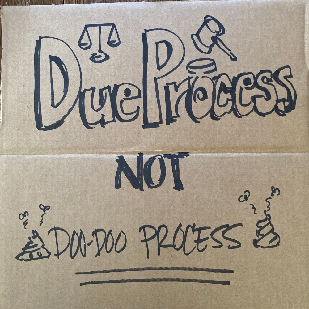 Sign which reads “Due Process NOT doo-doo process”