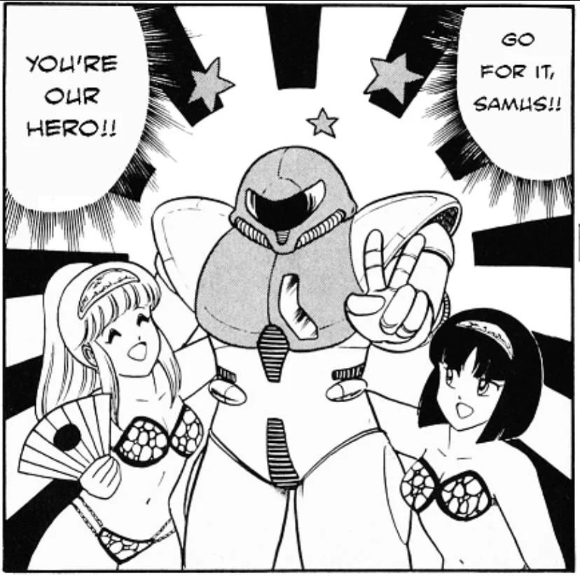 A b&w white cartoon of Samus Aran doing a victory pose in full armor, with two fawning, bikini-clad girls at her side