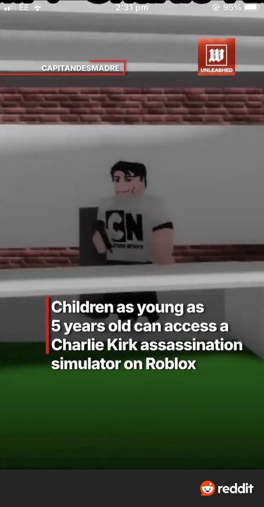 A Roblox screenshot with the text "chilsren as young as 5 years old can access a charlie kirk assassination simulator on roblox"