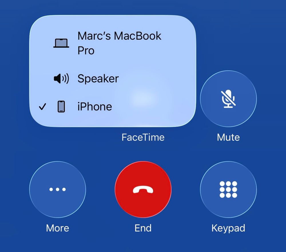 Screenshot of outgoing call on iPhone after pressing Speakerphone button - it offers dropdown list featuring iPhone, Speaker and random nearby devices like my husbands computer 