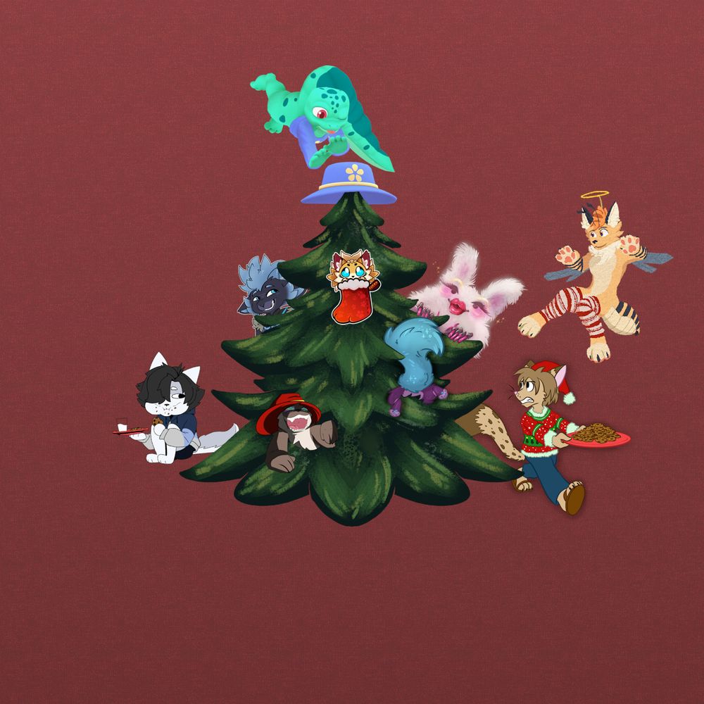 Lush christmas tree with Lav Blueberry's butt and fluffy tail sticking out on one side and Ferret Magic's head on the other side. On right side, next to it Tones walks by with fresh batch of chocolate chip cookies, visibly irritated at those two messing up with tree. And Dahtin is scoring tree's top with their hat. And Graphi on left, slightly hidden behind tree is finishing plate of cookies and glass of milk left for Santa Paws. Then slightly higher Xeokn shows up looking kinds mischievously at cutesy Lucky in christmas socks hanged on central part of tree. And on other side of tree Afronasia in full glam pops up presenting their spraklies stabbiest nails. Right next to them Flaw shows up in holiday themed leg warmers and little halo attached to his head