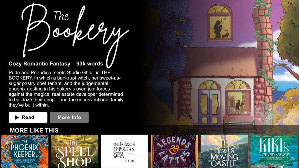 A graphic in the style of a Netflix title card describes The Bookery:

Pride and Prejudice meets Studio Ghibli in THE BOOKERY, in which a bankrupt witch, her sweet-as-sugar pastry chef tenant, and the judgemental phoenix nesting in his bakery’s oven join forces against the magical real estate developer determined to bulldoze their shop—and the unconventional family they’ve built within. 

Along the bottom are comparative titles: The Phoenix Keeper, The Spellshop, The House in the Cerulean Sea, Legends and Lattes, Howl's Moving Castle, and Kiki's Delivery Service.