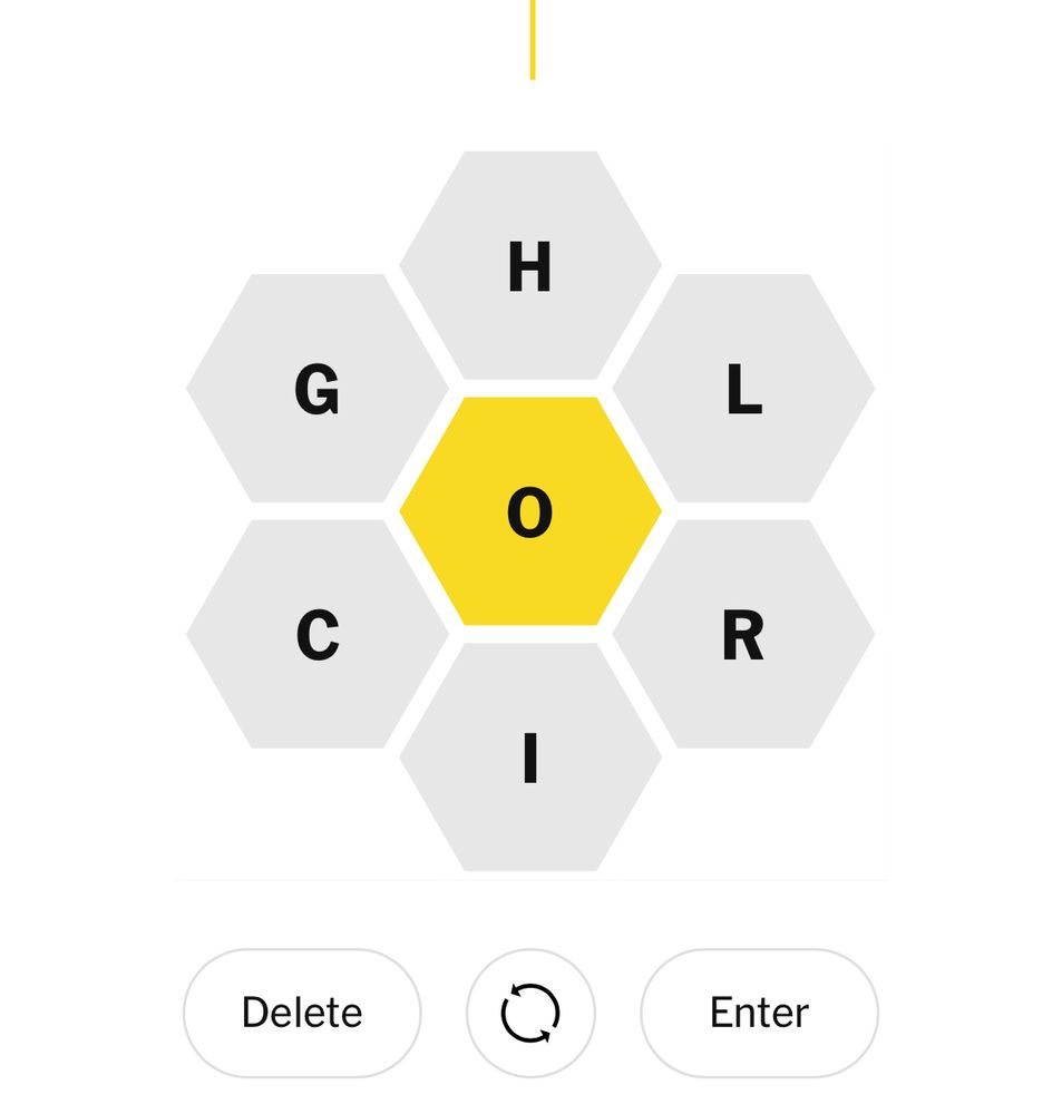 Screen shot of the NYT spelling bee game with the letters C, G, H, L, R, I and O.