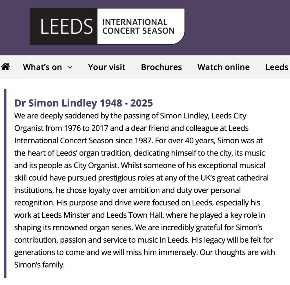 Obituary for Simon Lindley on the homepage of the Leeds International Concert Season