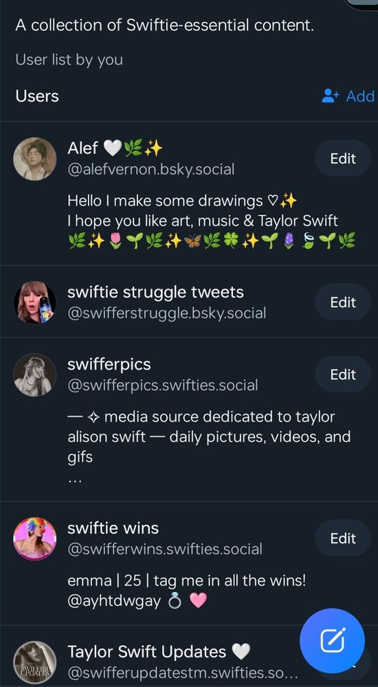a collection of Swiftie-essential content user list.

alefvernon
Swifferstruggle
Swifferpics
Swifferwins
Swifferupdatestm