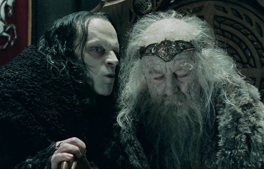Gríma Wormtongue whispering to King Théoden