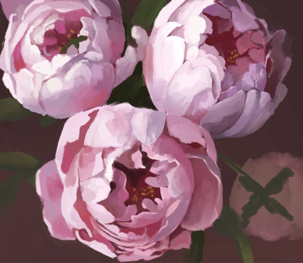 A digital painting of four pink peonies, rendered in rough, textured strokes. The warm light illuminates the many nested petals from the upper lefthand corner, casting a pale blue shadow over the opposing edges of the blooms. Saturated shadows give way to paler highlights, the center of each bloom a nest of deep red interspersed with the suggestion of their yellow anthers. 