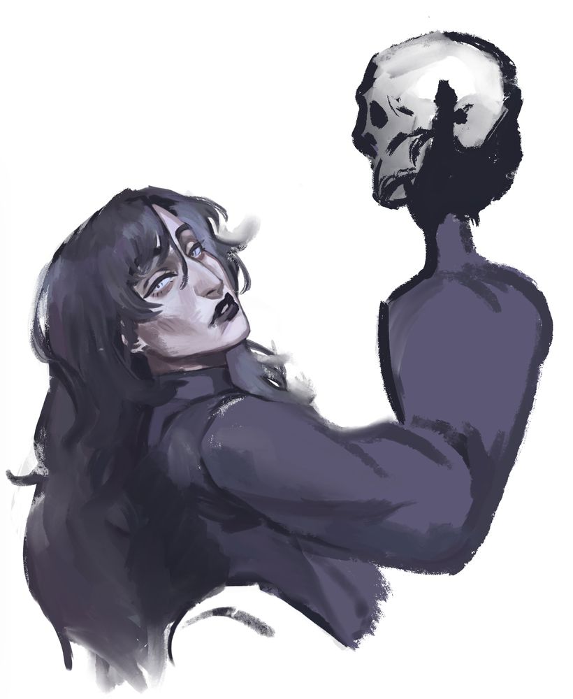 A woman leaning, languid and holding a skull (sans jaw) against some kind of divan. Their skin is beyond pale, downright pallid in complexion, all notions of vitality drained as it clings to the sharp structures beneath it. A wild mess of black hair twists around her, and only this and the large trumpet sleeves of her dress distract from the sickly, cadaver-like nature of her build. 