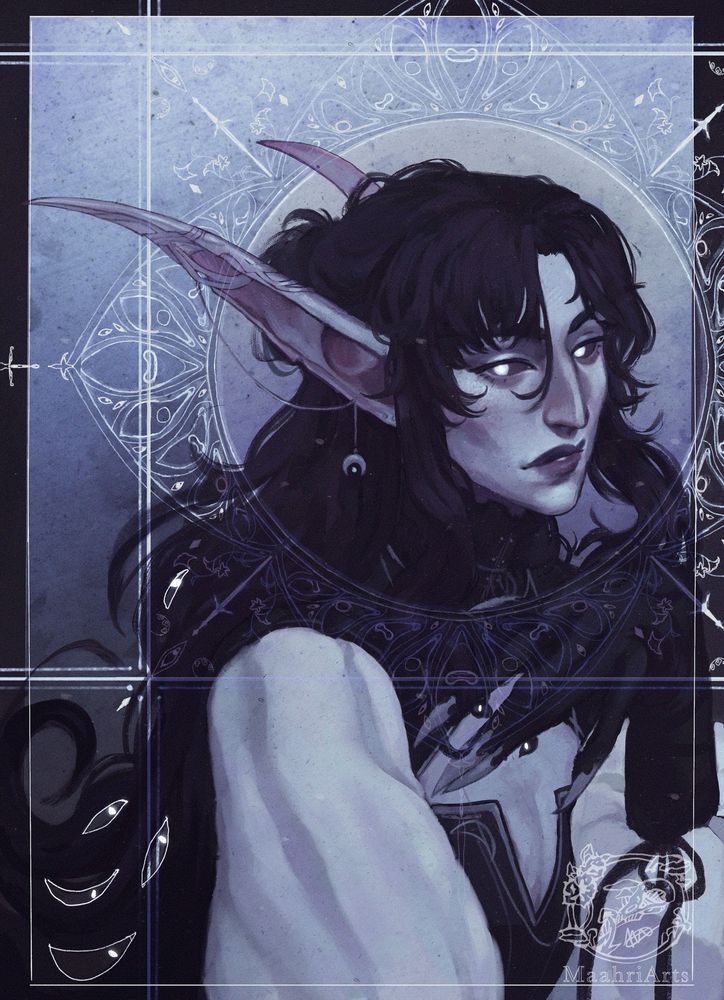 A pale elf (Night Elf - World of Warcraft) leans forward, a hand to their chest capped with metal claws. Eyes peek from the flesh of their sternum, framed by a black leather bolero. The overlong limb and digits compliment a narrow face and its narrow ear. Framed by twisting black hair, their expression is smug and self-amused. An extradiagetic frame of eyes fixate on the elf. 