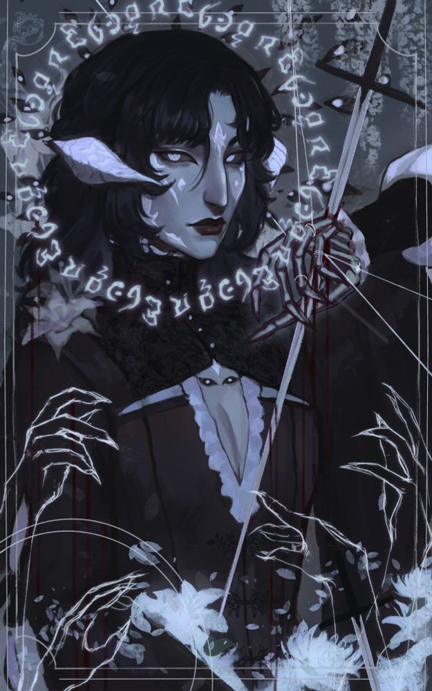 A bust of an Au Ra, feminine in presentation. Their eyes are pale against dark sclera, with occluded, slitted pupils. Her fine, tailored clothes matches her own natural contrast, a magpie’s blend of light and dark. Fallen lilies litter the bottom, where spectral hands reach towards her. Above, her placid face is surrounded by arcane runes and staring eyes. 