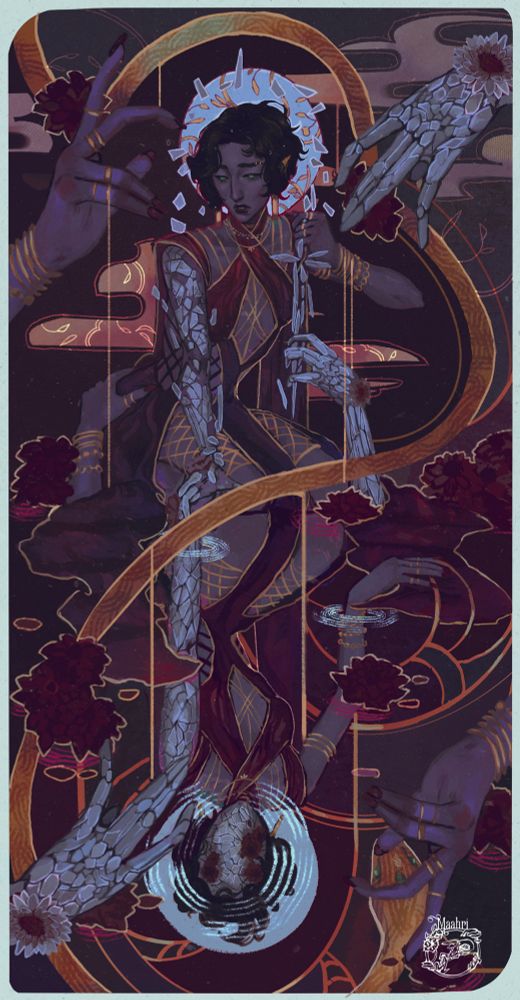 Two figures stare at each other, distorted reflections of each other. One readies a blade, the worried expression on her face exposed, while the other grips her wrist, binding them together. Within the pool, the woman’s face is an impassive mask of cracked glass and flowers. A snake winds around the piece, golden, framing the two. 