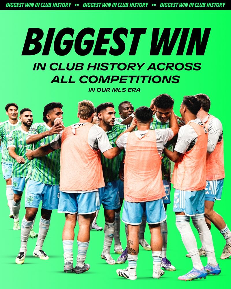 A graphic featuring the squad celebrating with text in black that reads "BIGGEST WIN IN CLUB HISTORY ACROSS ALL COMPETITIONS IN OUR MLS ERA".