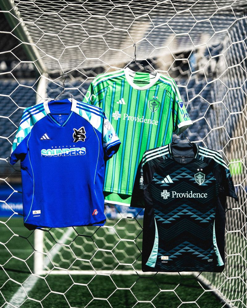 The Orca Kit, The Anniversary Kit, and The Salish Sea Kit hang on a net at Lumen Field.