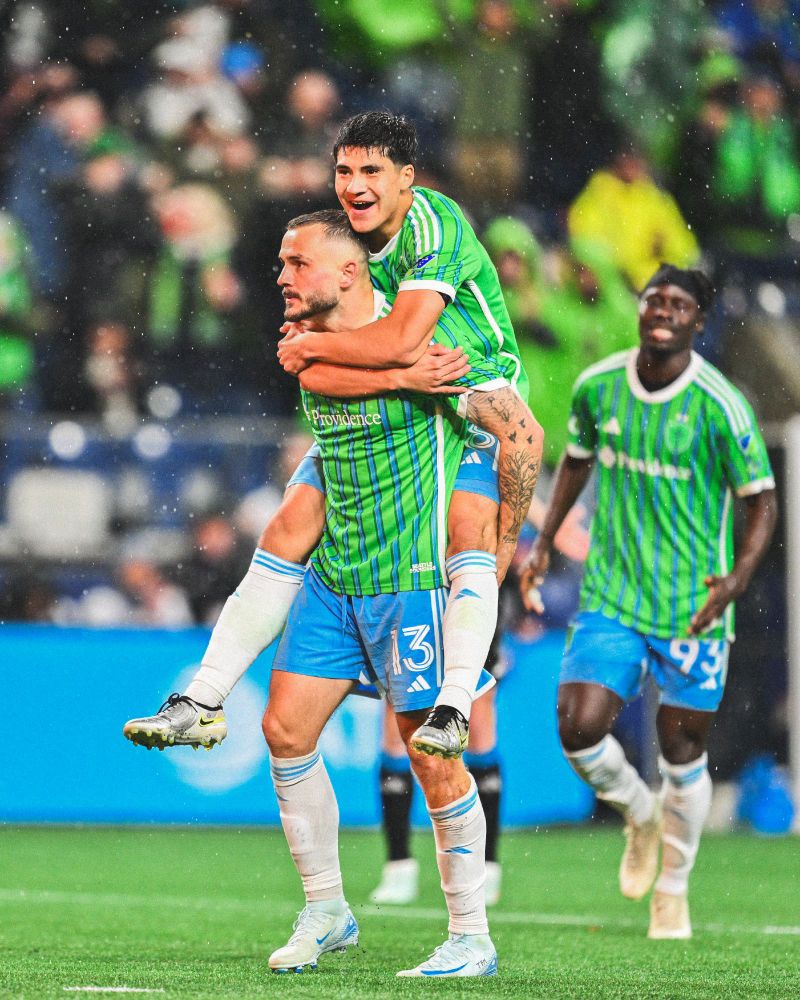 Obed Vargas and Jordan Morris celebrate our second goal versus Charlotte.