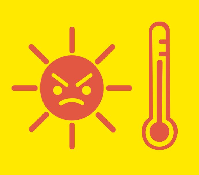 Sur fond jaune : soleil qui grimace méchamment et thermomètre indiquant une température élevée. 