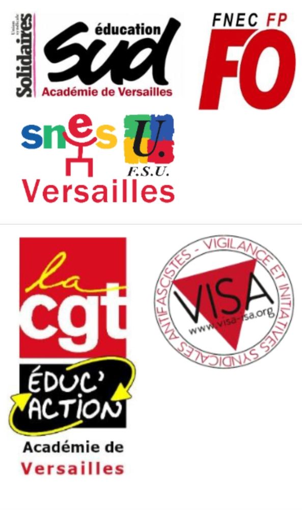 Logos de l'intersyndicale académique Versailles : SUD éducation, FNEC FP FO, SNES FSU Versailles, CGT Educ'action Versailles, VISA