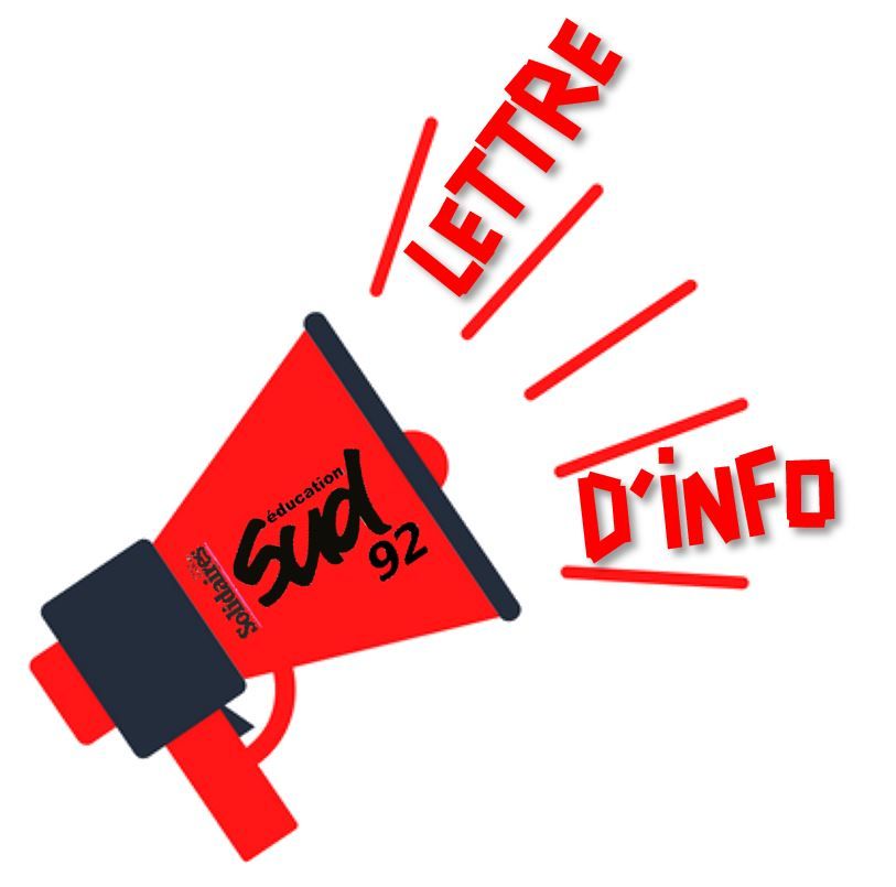Haut parleur rouge et noir siglé SUD éducation 92 qui dit "Lettre d'info".