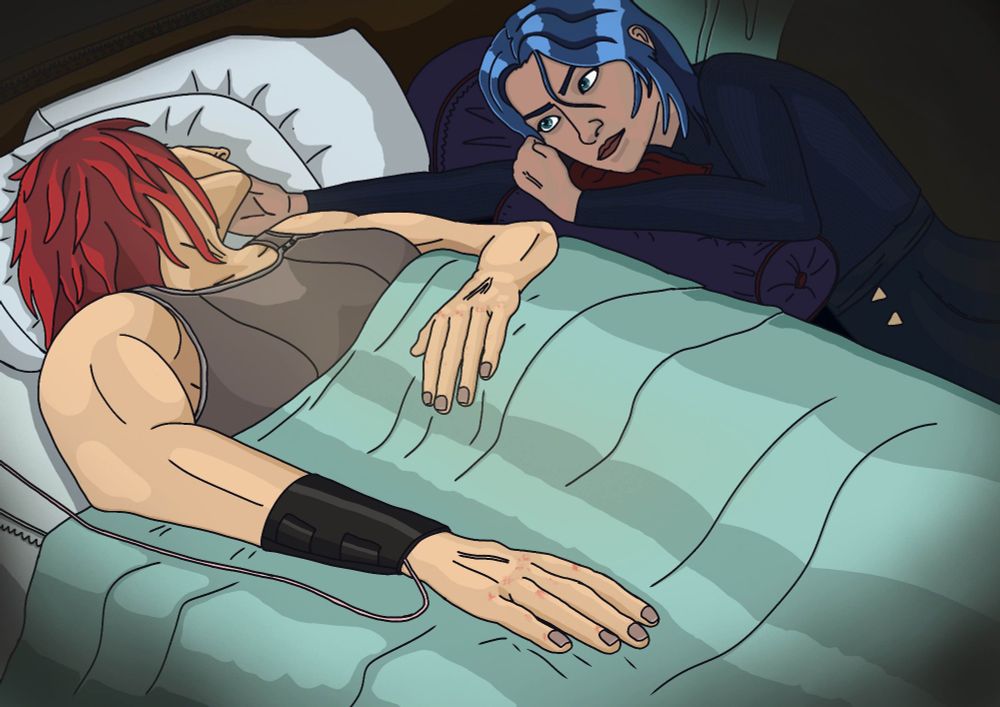 A digital drawing of Vi and Caitlyn from the animation series Arcane. Vi is lying in bed unconscious recovering from her injuries while Caitlyn lies next to her staring at her and tenderly reaching out to Vi's face.