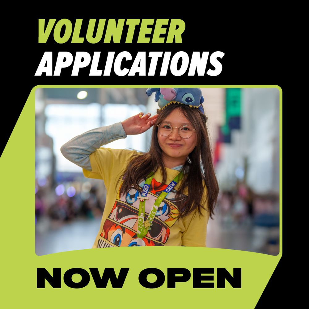 A photo of a person wearing Stitch Minnie Mouse ears poses for the camera in a VOLUNTEER shirt. The image is framed by a green and black border and says "VOLUNTEER APPLICATIONS NOW OPEN"