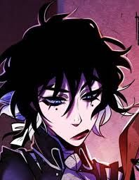 A closeup of Lenore from the Webtoon Nevermore. She has short scraggly black hair with white underneath, pale skin, heavy eyeliner, and a masculine, Victorian school uniform.