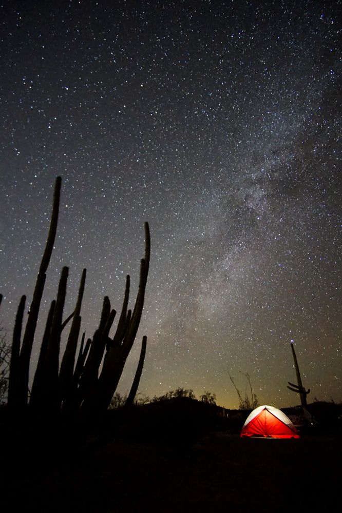 A surprisingly nice result of a long exposure with my second Sony camera (an a5000) combined with a Rokinon 12mm f2 lens. Somehow I still haven't beaten this with an a6000, a7iii, GFX50Sii... Just lucked into nice conditions down by the AZ / Mexico border. The next day I hiked up Mount Ajo
I had a dim black diamond camp lantern hung in my tent, but the long exposure really made it pop.