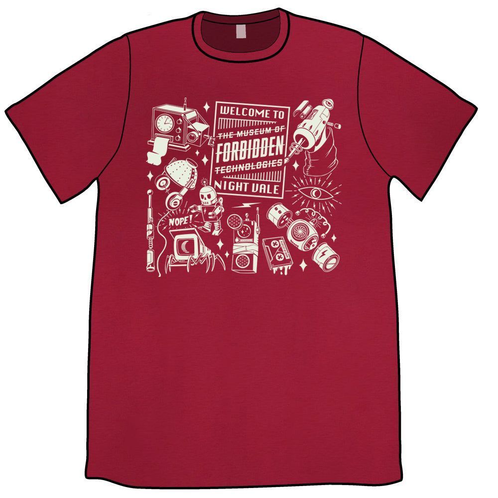 A red t-shirt with a white design on the front: There are various technologies scattered around. In the middle is a large rectangle with "Welcome to" at the top and "Night Vale" at the bottom. In the middle are the words "The Museum of Forbidden Technologies" and the entire name has been struck through.