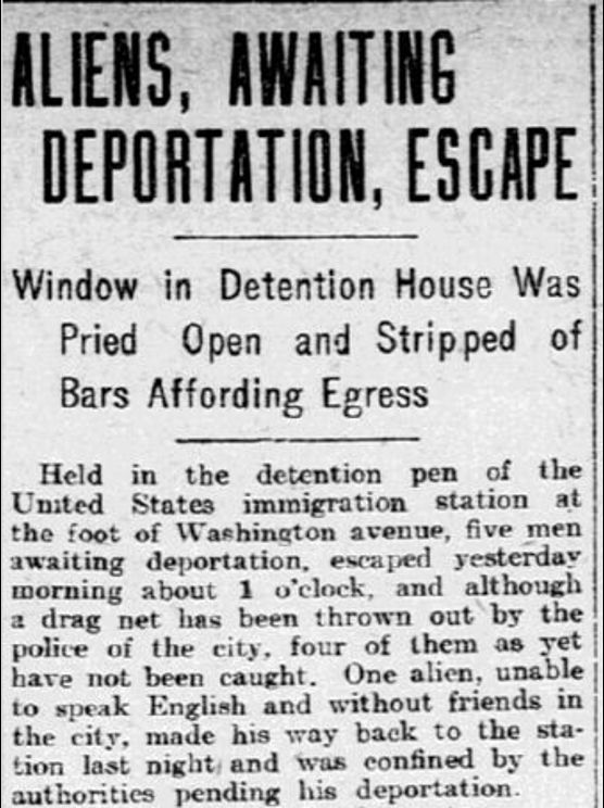Clipping "Aliens Awaiting Deportation Escape" Philadelphia Inquirer, Nov 5, 1908, p. 7