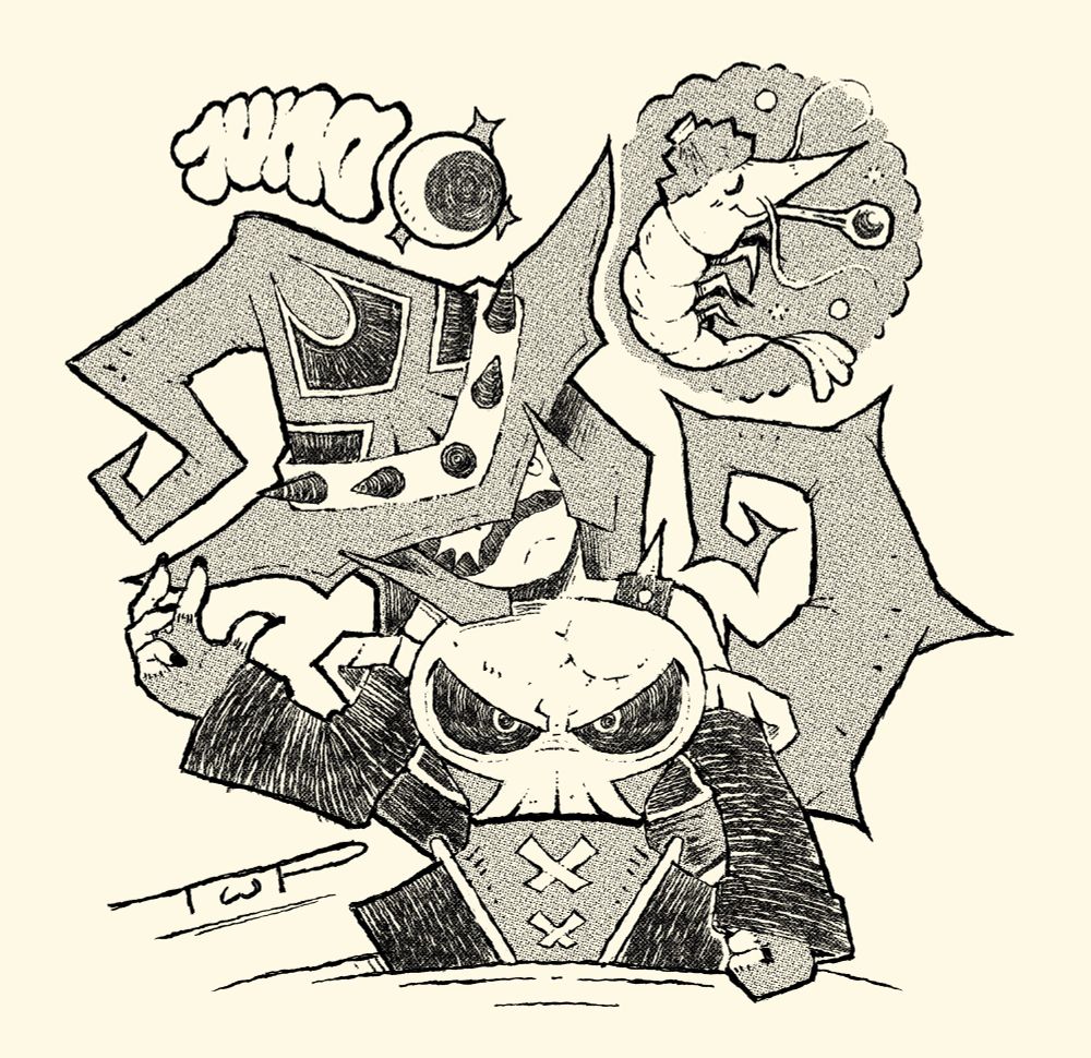 Black and white artwork about a witch character named Juno Moon. She wears a large, angular witch hat with a skull motive and a collar around it with spikes, underneath it she has a rather dark, serious look. Her outfit features a skull-shaped mask on her chest with threating eyes and underneath two X-like stiches. One hand is raised in a spell-casting gesture. Around her are abstract things and shapes. First on the up-right is a floating shrimp with a thermometer in its mouth and an ice bag on top of its head. Then a text above the character with the text "JUNO" and a moon with stars next to it, lastly a signature on the bottom-left that says "TWP".