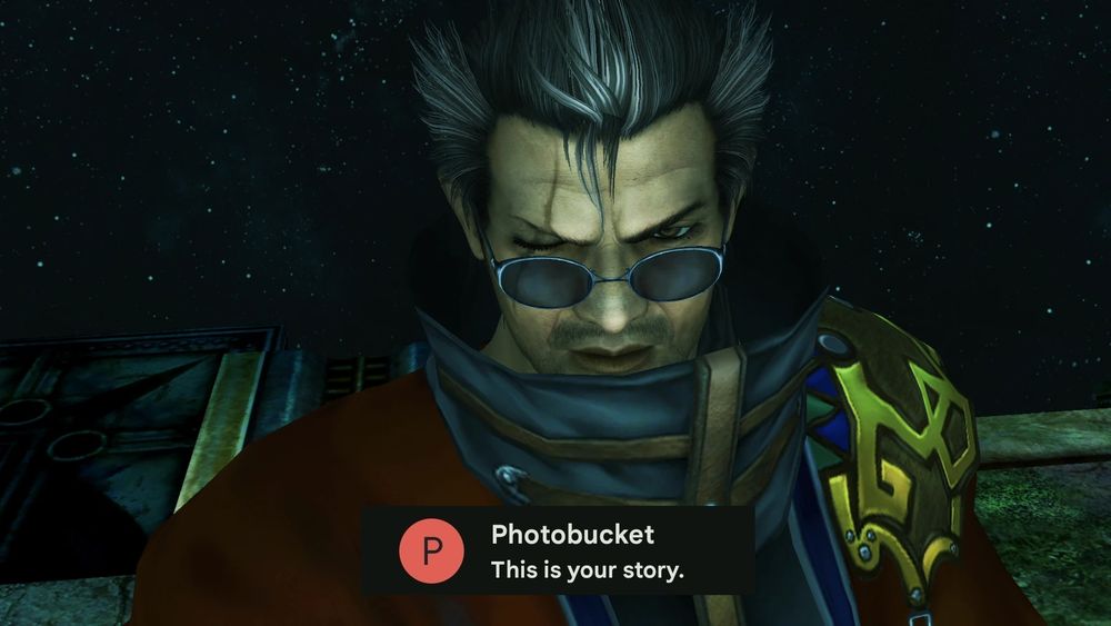 A picture of Auron from final fantasy x with the caption covered by an email from Photobucket saying "This is your story"