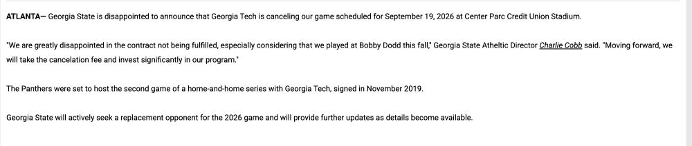 Statement from Georgia State Athletics and AD Charlie Cobb on the cancelation of GSU's 2026 home game with Georgia Tech