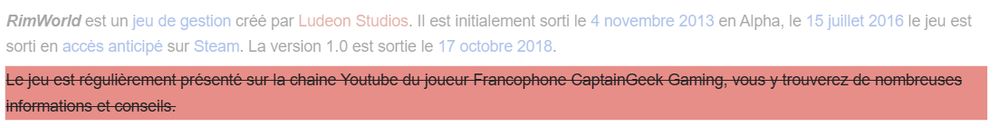 L'intro de l'article Wikipédia du jeu RimWorld. Il y a une pub pour la chaîne youtube "CaptainGeek Gaming".