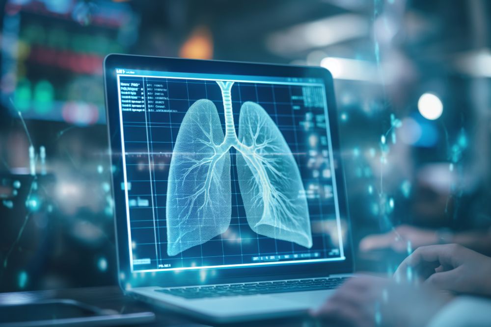 Digital image of a paid of lungs surrounded by data