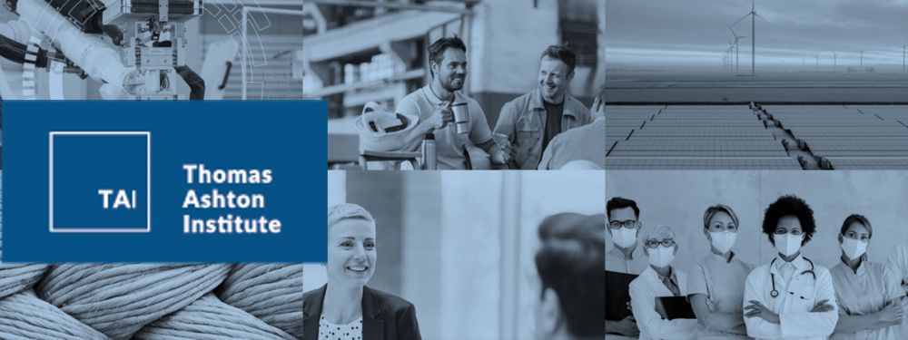 Collage featuring the Thomas Ashton Institute logo on a blue background, surrounded by images representing risk and regulatory research: an industrial robotic arm, scientists in lab coats in discussion, wind turbines in a field, thick ropes, and masked healthcare professionals.