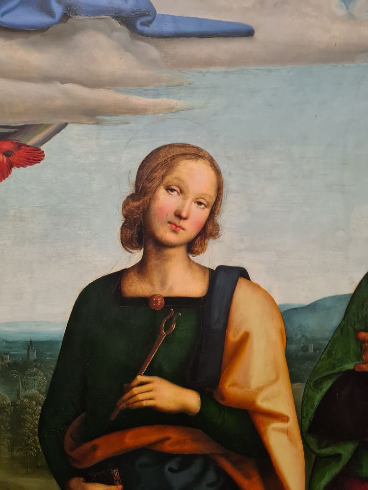 Renaissancegemälde von Perugina, das eine gelangweilt blickende Heilige (Apollina) in kräftigen Farben