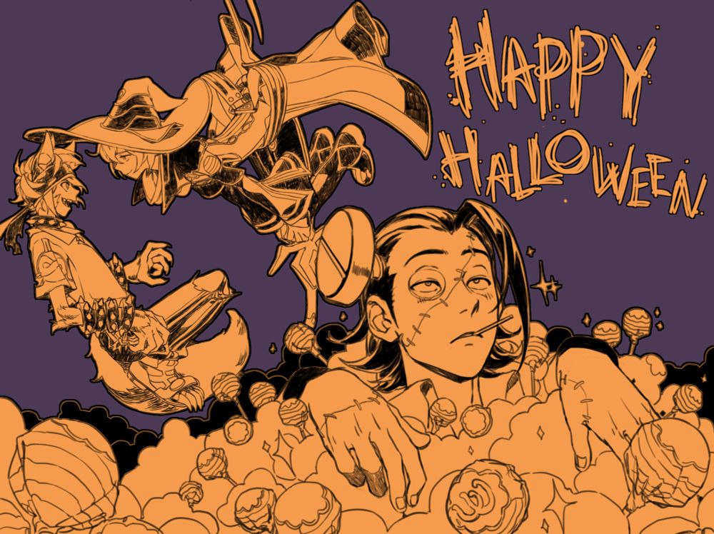 Werewolf Tokio, witch Kite, and Franken Flugel buried in chupa chups from .hack// for Halloween