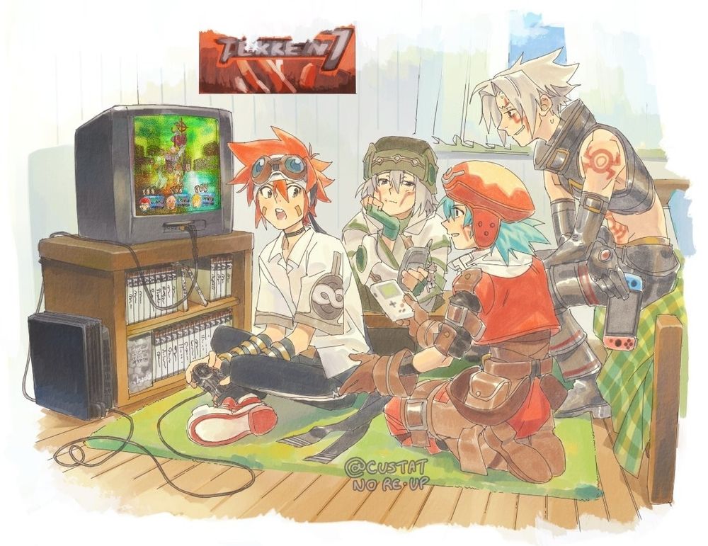 .hack// protagonists Tokio, Kite, Haseo, and Tsukasa hanging out in Tokio's room GAMING