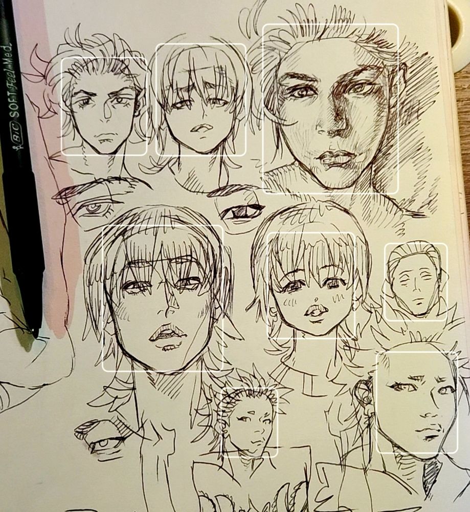 Ballpoint pen sketches of faces from various photos