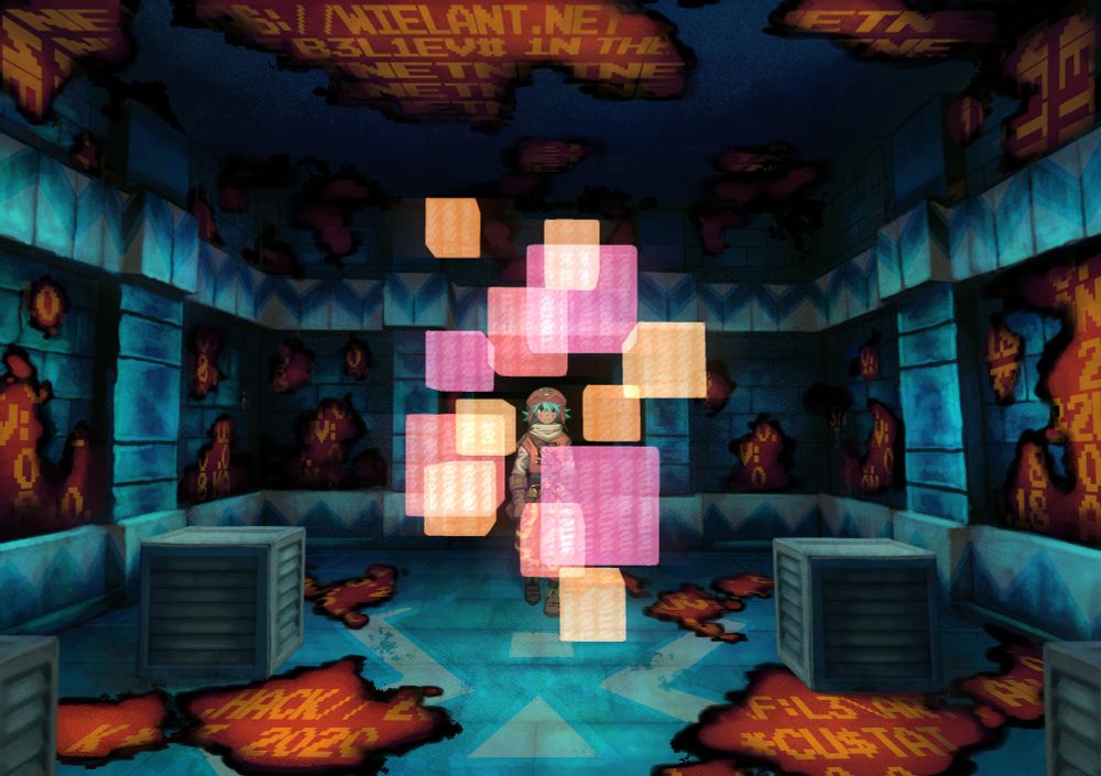 Drawing of Kite .hack// in the depths of a corrupted dungeon with a virus core