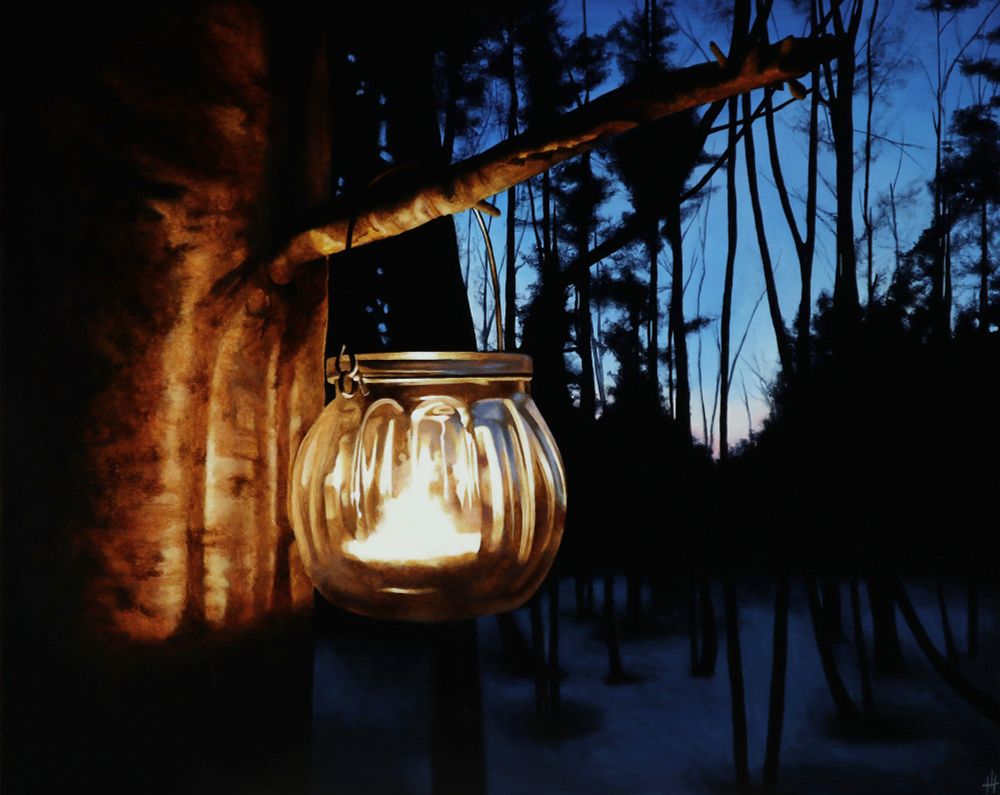 An acrylic painting. In the woods, round glass candleholder with a lit tealight candle inside, hanging from the branch of a tree. The light reflects on the tree trunk. In the distance the sun has set and the snow is a dark blue, the trees silhouetted black.