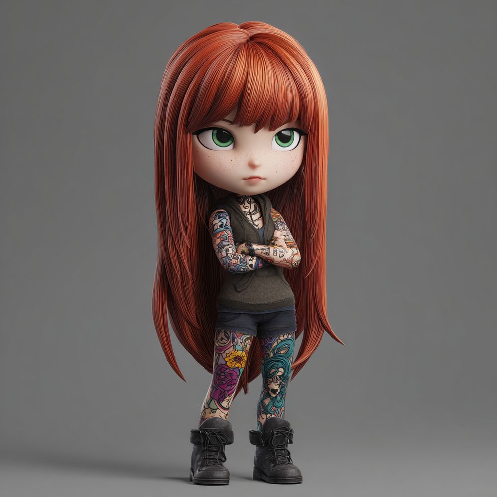 Roxy Thorn, a rebellious tattoo artist from the underground chibi district of Ink Hollow. Once a street kid with a sketchpad and no voice, she turned her pain into power—carving a name for herself with nothing but raw talent and a rotary needle. Every tattoo on her petite frame tells a piece of her story: the fire she survived, the friends she lost, and the grit it took to rise. Now, she's not just designing ink—she’s mentoring a new generation of artists who speak through skin instead of words. Fierce, fearless, and full of heart, Roxy is a legend in miniature.