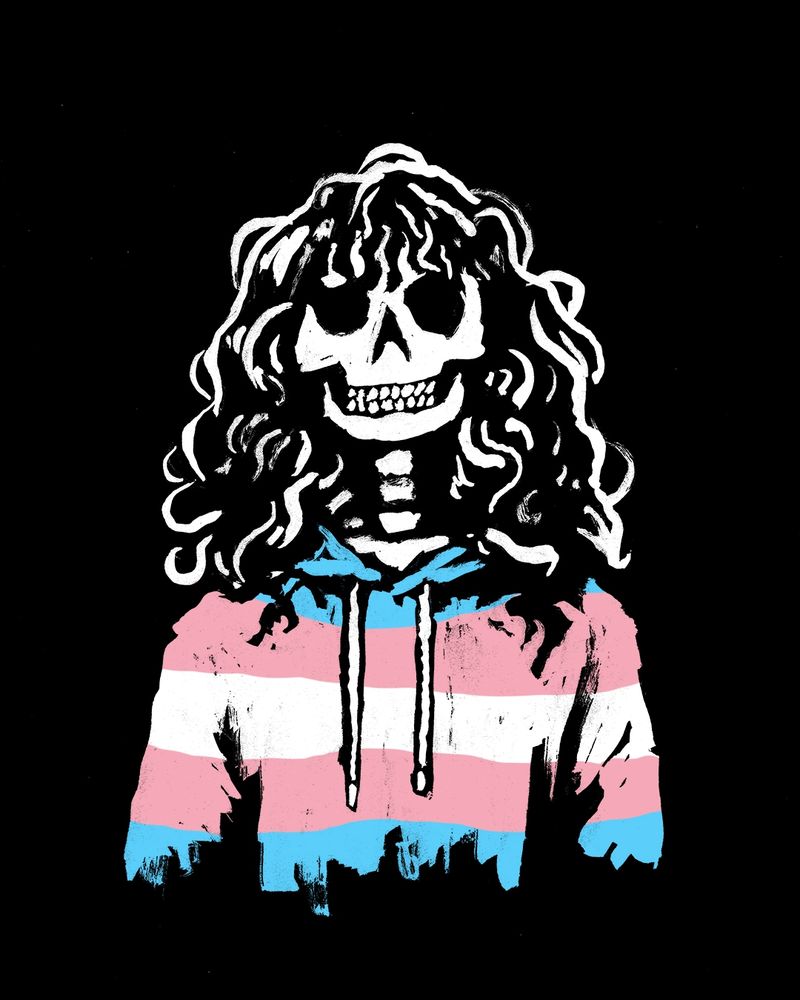 Ink drawing of a skeleton wearing a trans flag sweatshirt