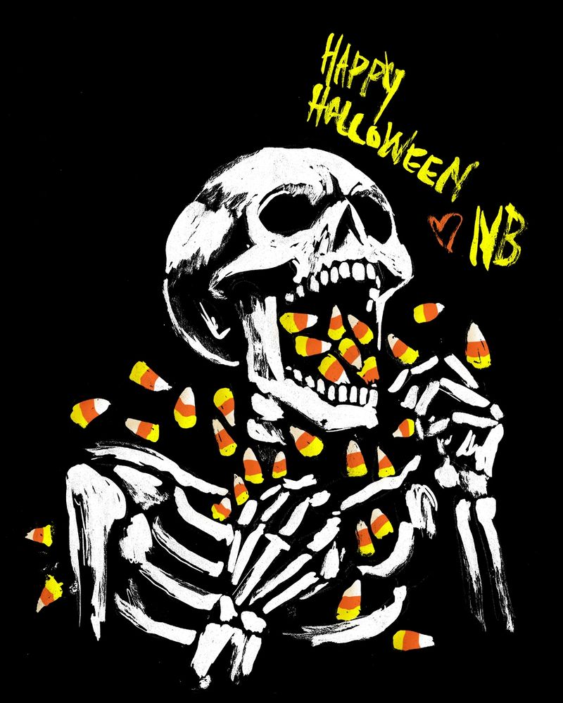 Ink drawing of a skeleton attempting to eat candy corn. 