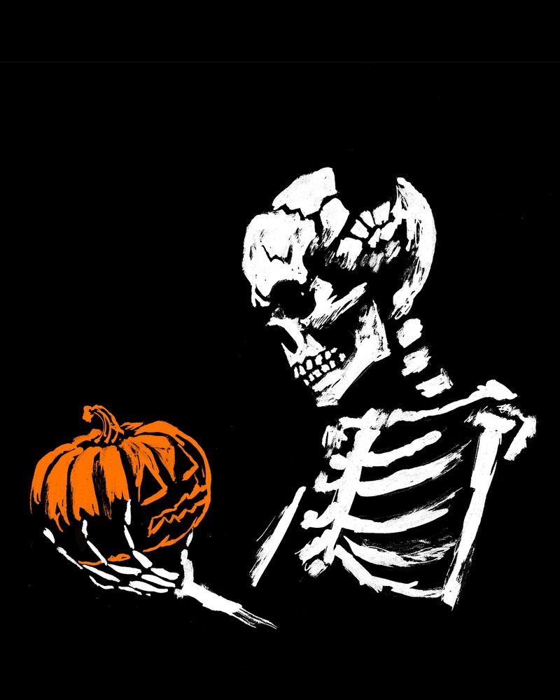 Ink drawing of a skeleton contemplating a jack-o-lantern. 