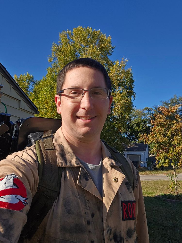 Selfie in a ghostbuster costume outside