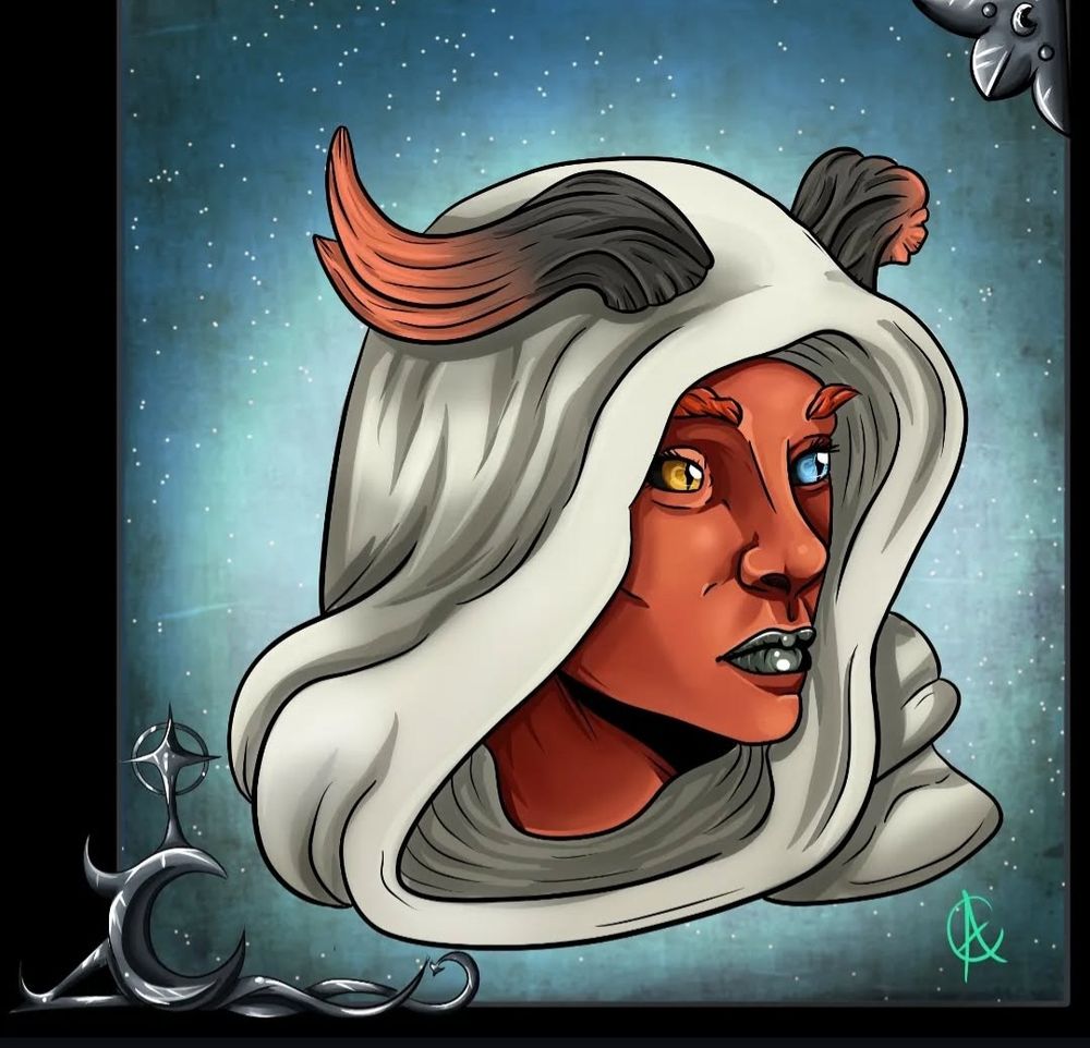 Red skinned tiefling with heterchromia eyes, a broken horn and wearing a white hood