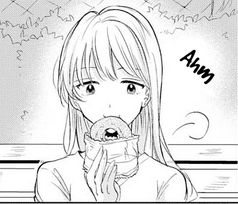 Doughnuts under a crescent moon manga panel image, where a girl is eating a donut.